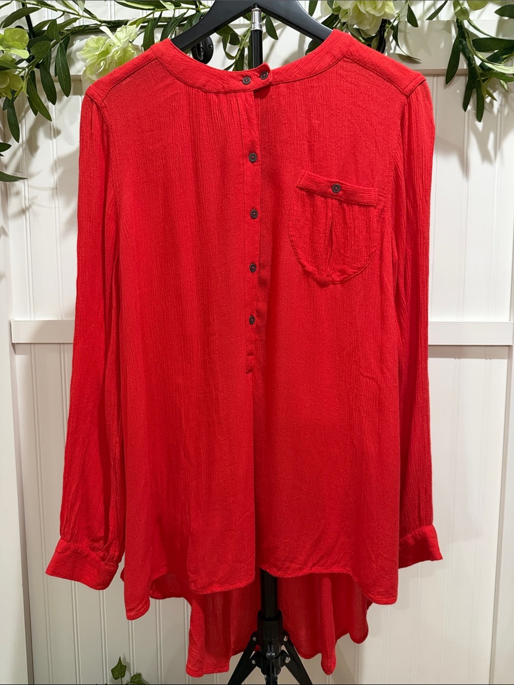 #1069 FREE PEOPLE Lightweight Gauzy Red Hi-Low Henley Tunic